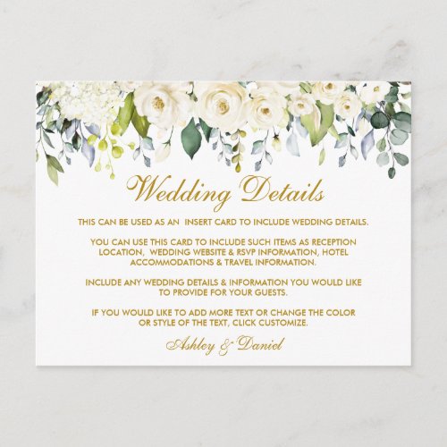 White Floral Dusty Blue Gold Wedding Details Card