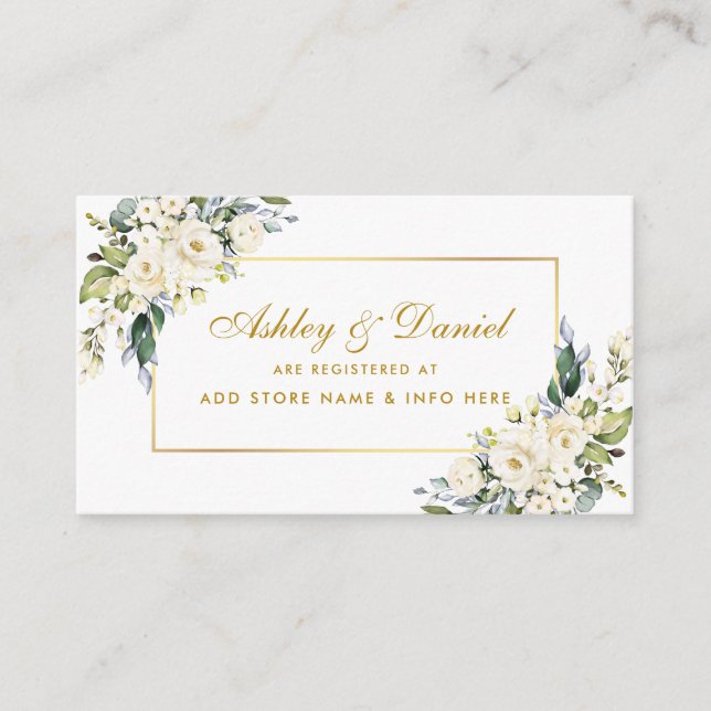 White Floral Dusty Blue Gold Wedding Registry Enclosure Card (Front)