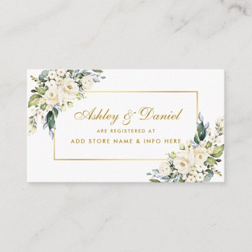 White Floral Dusty Blue Gold Wedding Registry Enclosure Card