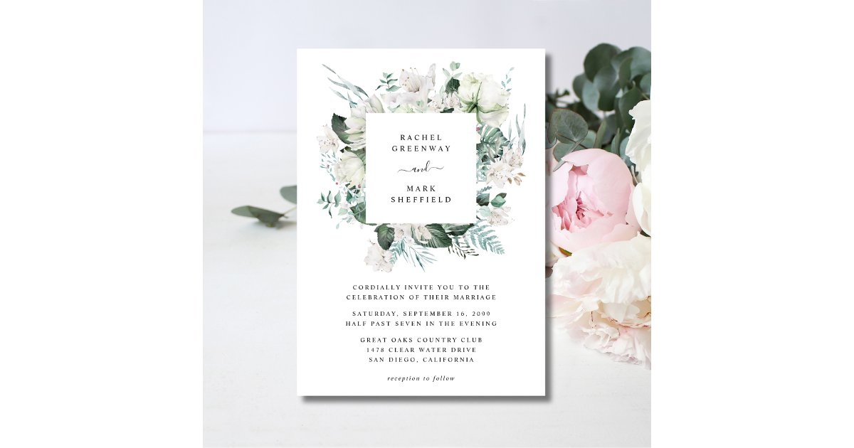 White Floral Dusty Blue Greenery Elegant Wedding Invitation | Zazzle