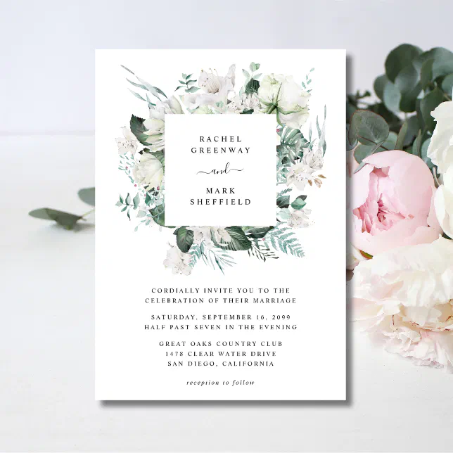 White Floral Dusty Blue Greenery Elegant Wedding Invitation | Zazzle