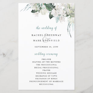 White Floral Dusty Blue Sage Green Wedding Program
