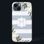 White Floral Dusty Blue Striped Framed Monogram iPhone 13 Case<br><div class="desc">White Floral Dusty Blue Striped Framed Monogram Design. Trendy and stylish, just add your personalized initial letter. Makes a modern an classy gift for her, moms, grandmothers, aunts, girlfriends, and more. This Feminine Elegant and girly look pairs Dusty Blue Gray and white horizontal stripes, with vintage white roses, flowers, and...</div>