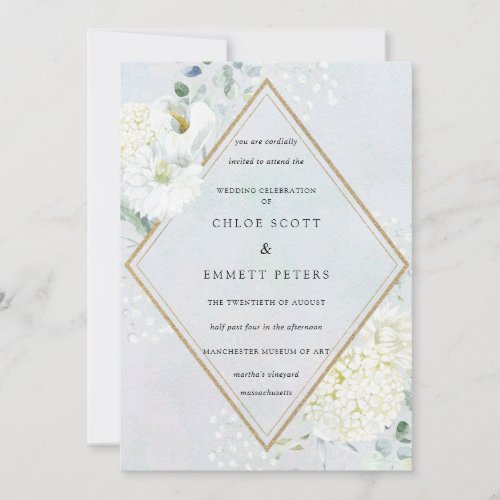 White Floral Dusty Blue Watercolor Wedding Invitation