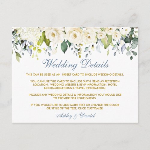 White Floral Dusty Blue Wedding Details Card