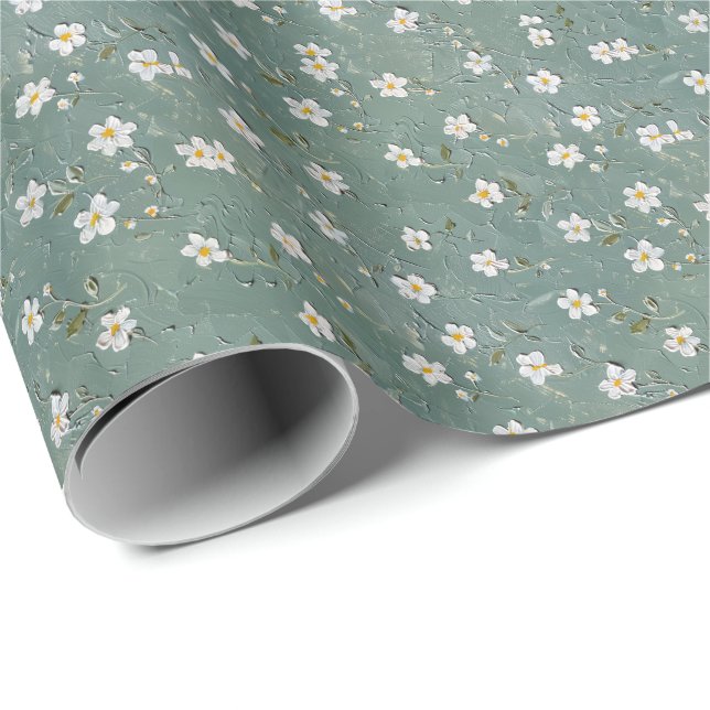 White Floral Dusty Green Wrapping Paper (Roll Corner)