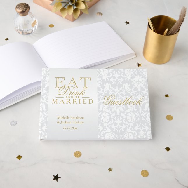 White Floral Eat, Drink and Be Married Guestbook (Front Open)