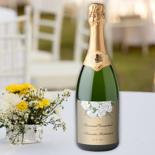 White Floral Elegance and Gold Wedding  Sparkling Wine Label