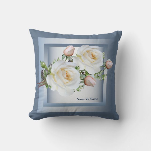White Floral Elegant Blue Gray Geometric Newlywed Throw Pillow (Front)