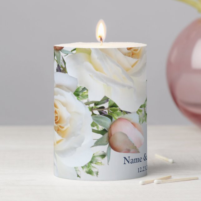 White Floral Elegant Blue Gray Party Pillar Candle (In Situ)