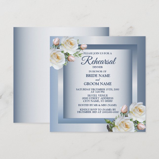 White Floral Elegant Blue Gray Rehearsal Dinner Invitation (Front/Back)