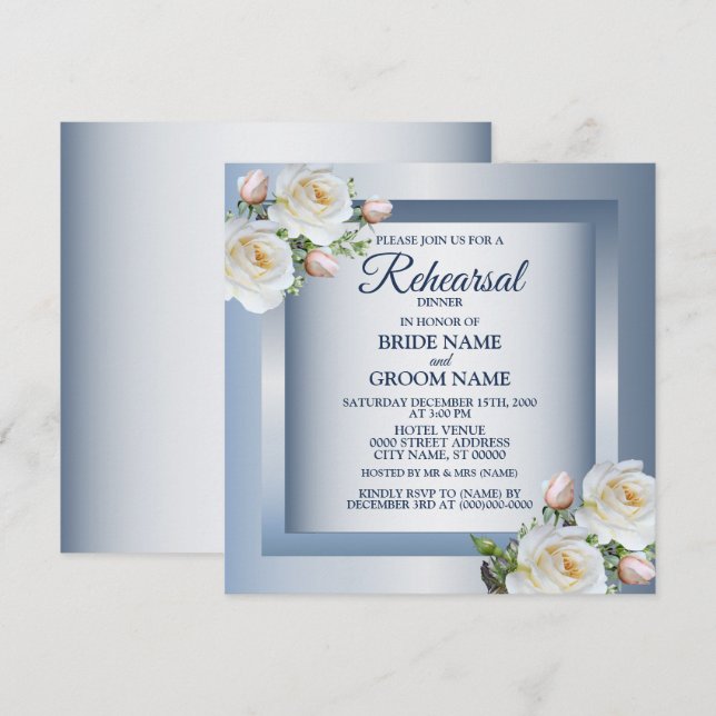 White Floral Elegant Blue Gray Rehearsal Dinner Invitation (Front/Back)