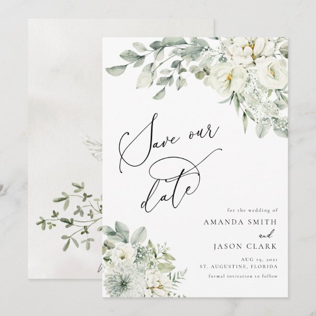 White Floral Elegant Greenery Boho Save The Date Invitation (Front/Back)