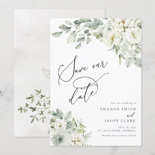 White Floral Elegant Greenery Boho Save The Date Invitation