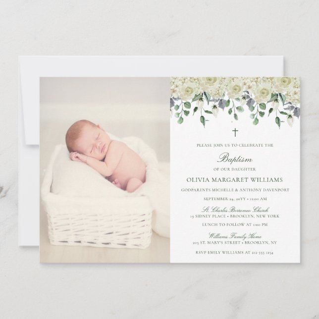 White Floral Elegant Photo Baptism Invitation (Front)