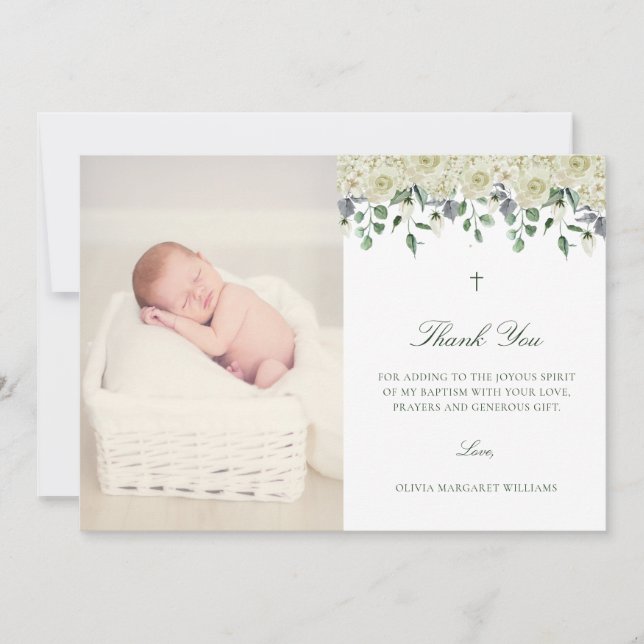 White Floral Elegant Photo Baptism Thank You Card (Front)