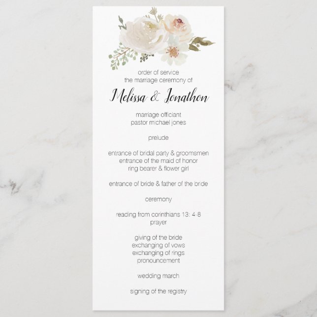 White Floral Elegant Romantic Wedding Program (Front)