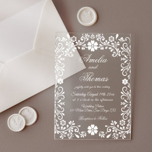 White Floral Elegant Wedding Acrylic Invitations