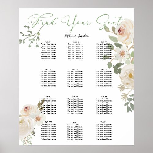 White Floral Elegant Wedding Seating Chart