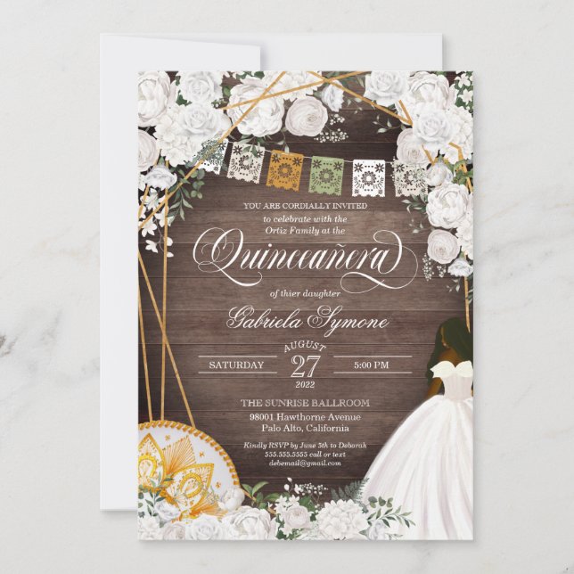 White Floral Elegant Western Charro Quinceanera In Invitation (Front)
