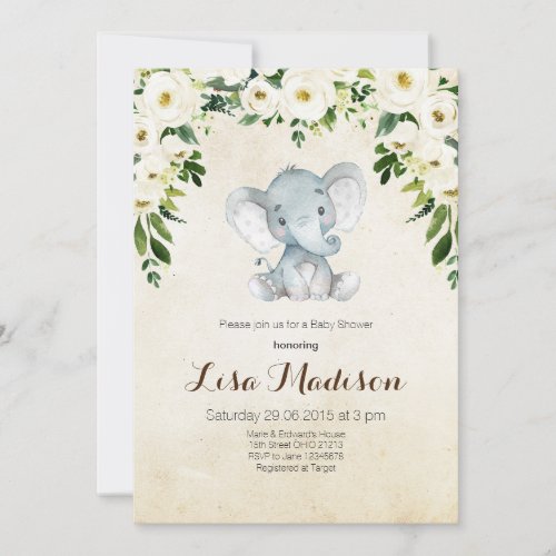 White Floral elephant Baby Shower Invitation