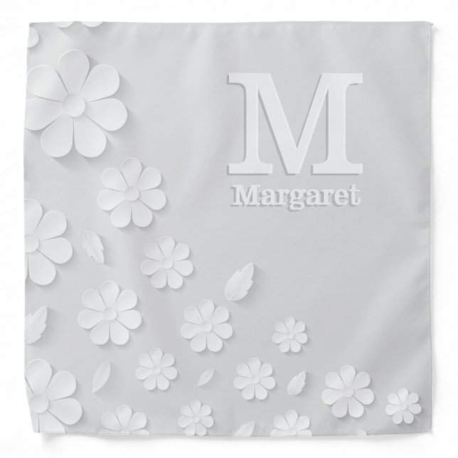 White floral embossed name initials personalized  bandana (Front)