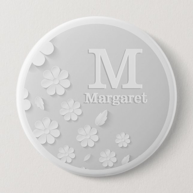White floral embossed name initials personalized   button (Front)