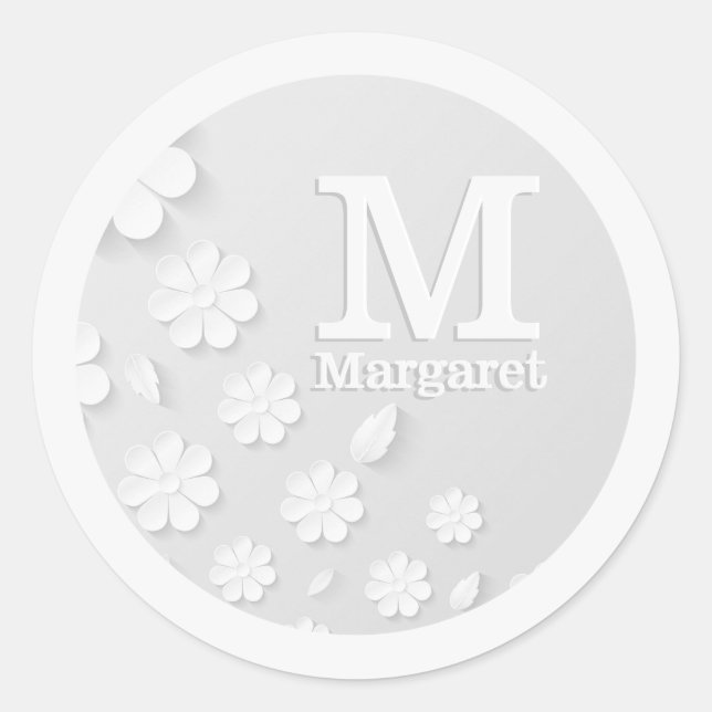 White floral embossed name initials personalized classic round sticker (Front)