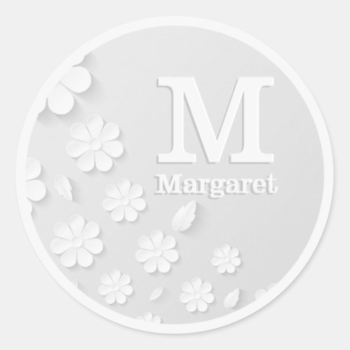 White floral embossed name initials personalized classic round sticker