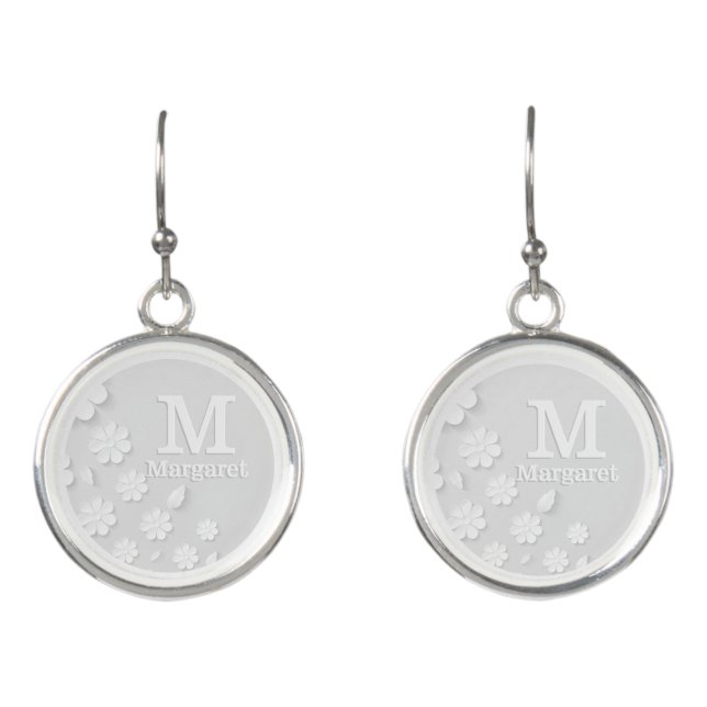 White floral embossed name initials personalized earrings (Front)