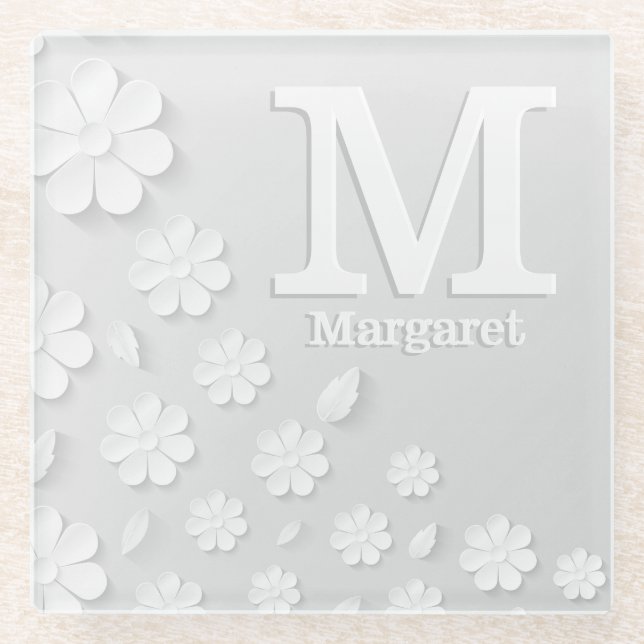 White floral embossed name initials personalized glass coaster (Front)