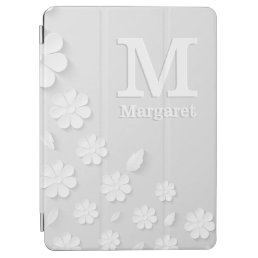 White floral embossed name initials personalized iPad air cover