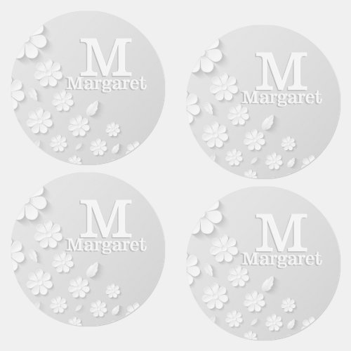 White floral embossed name initials personalized labels