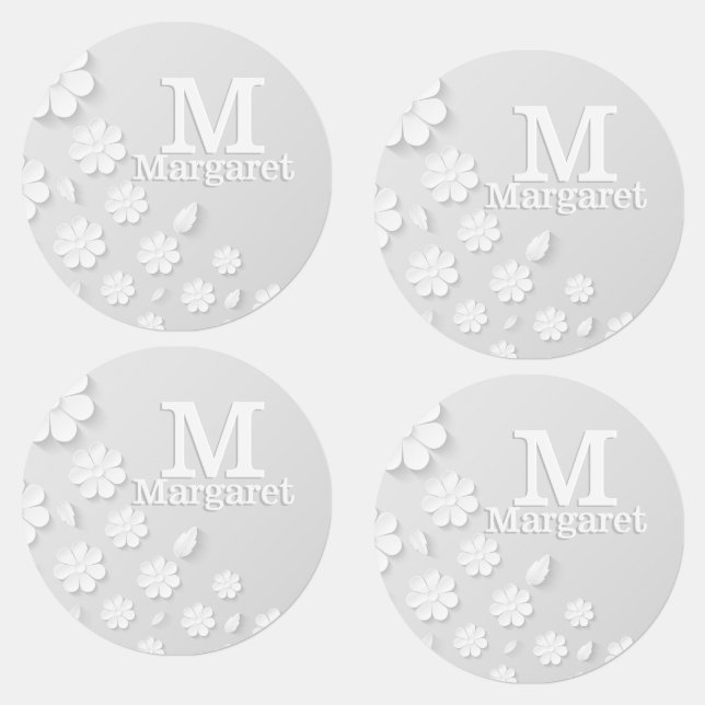 White floral embossed name initials personalized labels (Group)