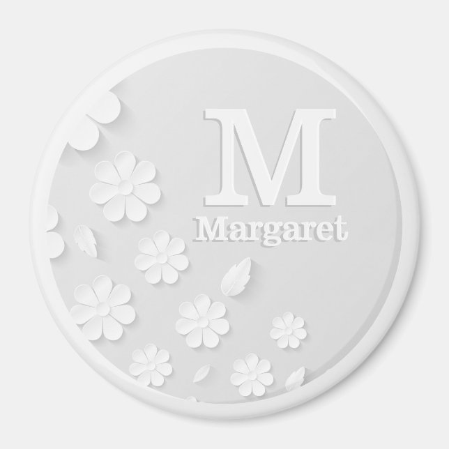 White floral embossed name initials personalized  magnet (Front)