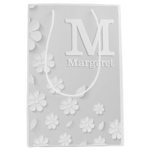 White floral embossed name initials personalized medium gift bag