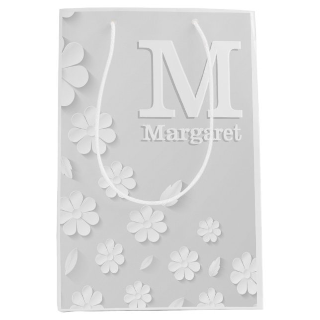 White floral embossed name initials personalized medium gift bag (Front)