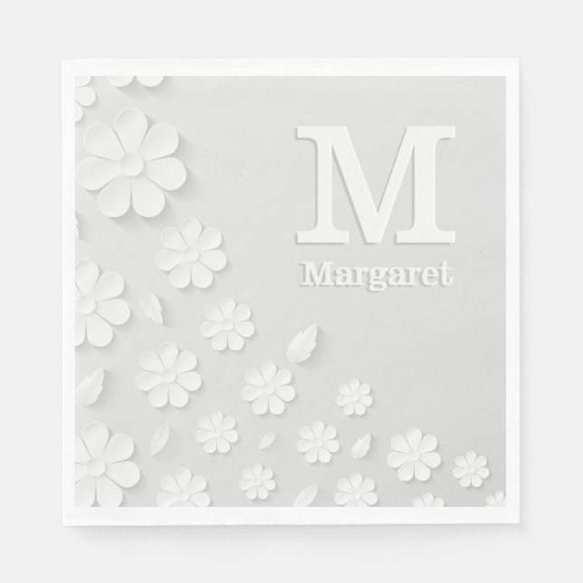 White floral embossed name initials personalized  napkins (Front)