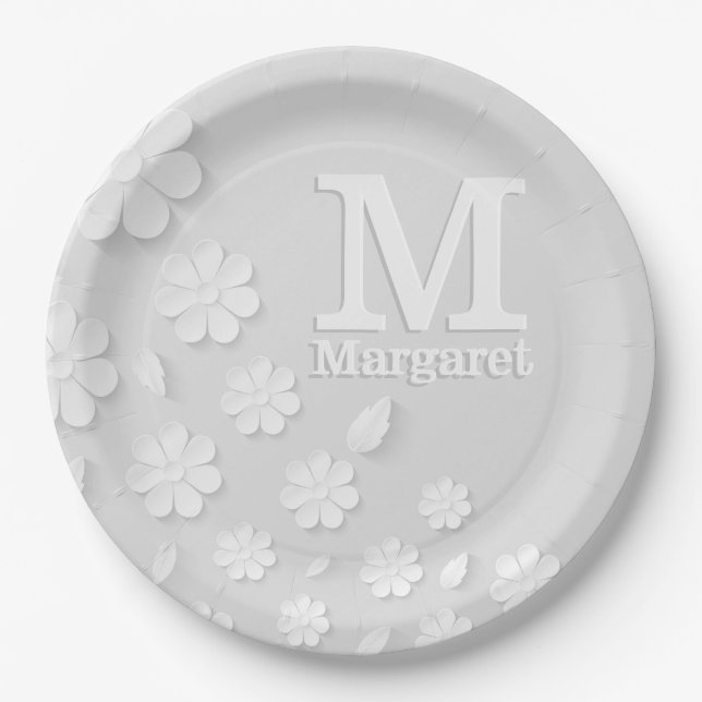 White floral embossed name initials personalized  paper plates (Front)