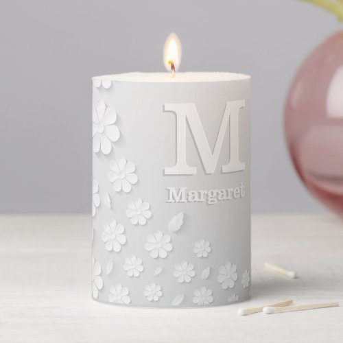 White floral embossed name initials personalized pillar candle