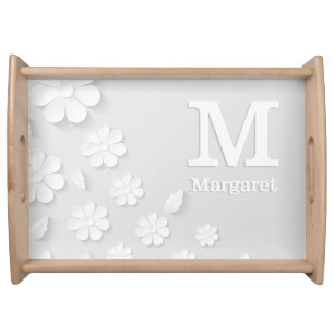 White floral embossed name initials personalized  serving tray