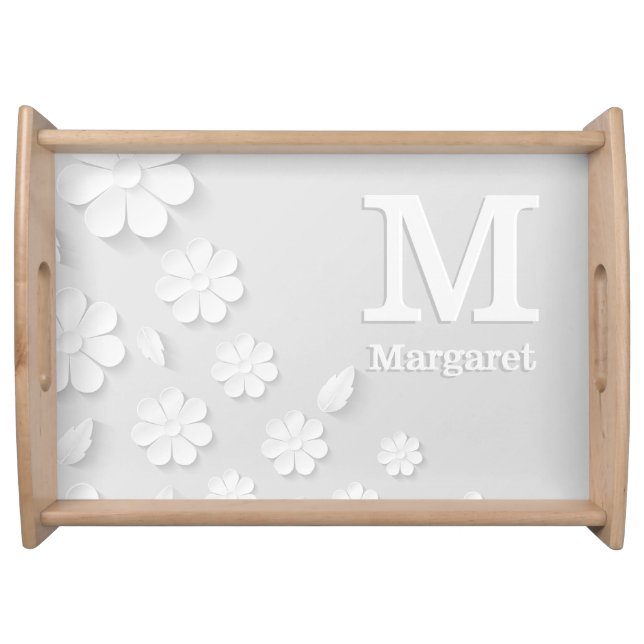 White floral embossed name initials personalized  serving tray (Front)
