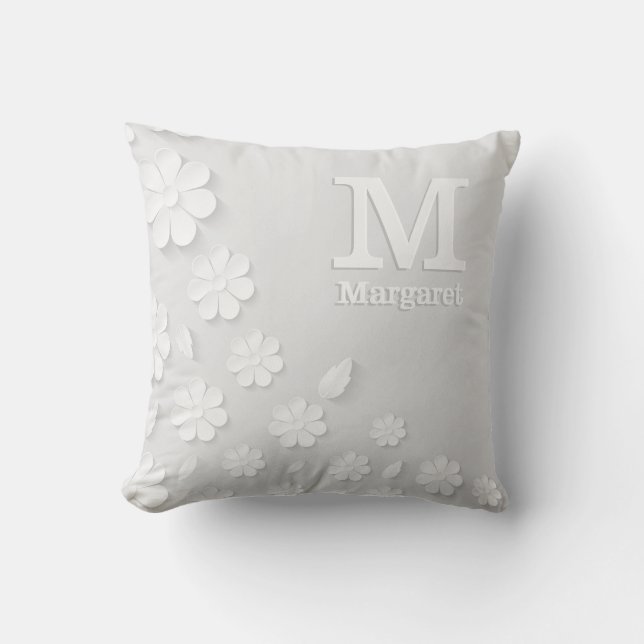 White floral embossed name initials personalized   throw pillow (Front)