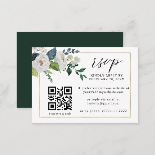 White Floral Emerald Gold QR Code Wedding RSVP Enclosure Card