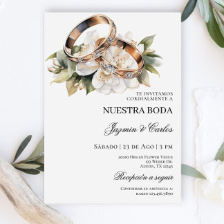 White Floral engagement rings Spanish Wedding Invi Invitation