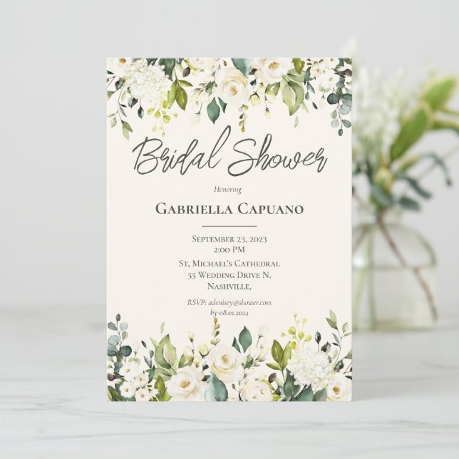 White Floral Eucalyptus Modern Bridal Shower Invitation (Standing Front)