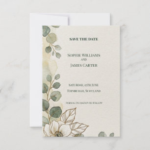 White Floral Eucalyptus Save The Date Card