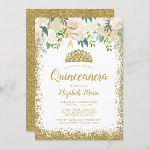 White Floral Faux Gold Glitter Tiara Quinceanera Invitation