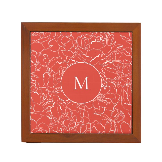 White Floral Fiesta Red Pattern Monogram Desk Organizer (Front)