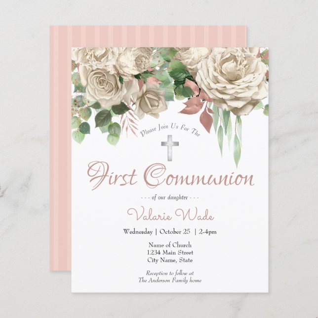 White Floral First Communion Budget Invitations (Front/Back)